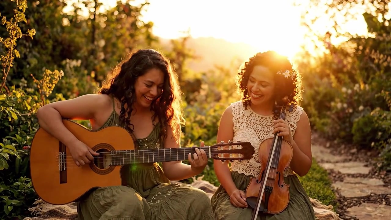 Due donne che suonano con gioia chitarra e violino insieme in un giardino illuminato dal sole, catturando l'essenza dell'amicizia, della musica e della bellezza della natura in un ambiente sereno