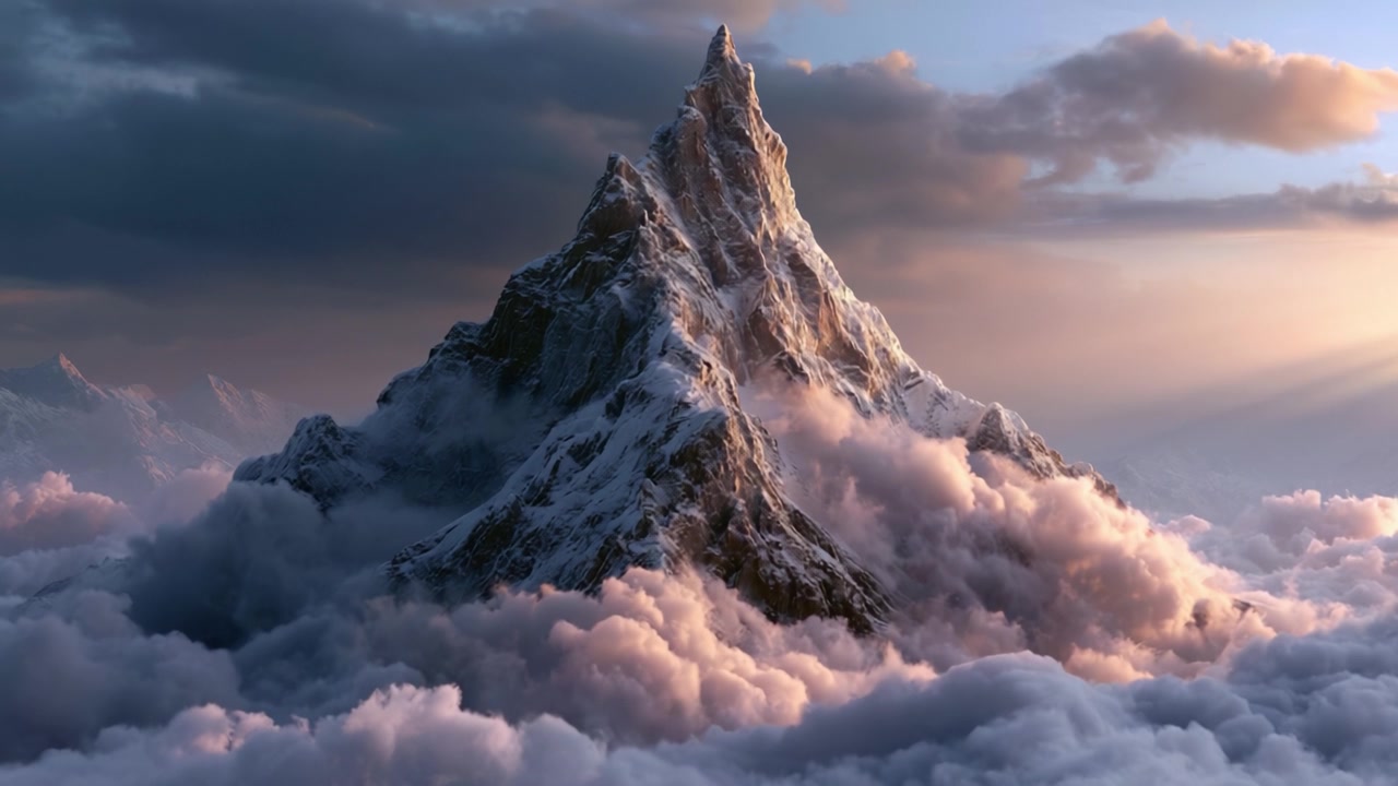 Sommet de montagne majestueux s'élevant au-dessus des nuages au coucher du soleil, capturé dans une séquence vidéo époustouflante mettant en valeur la splendeur et la beauté de la nature sous une lumière éphémère