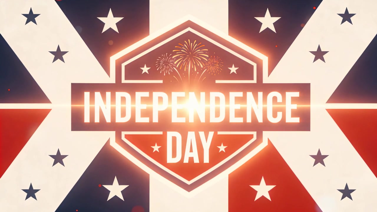 Pulsing shield emblem reacting to light sweep on title card center, accenting Independence Day text