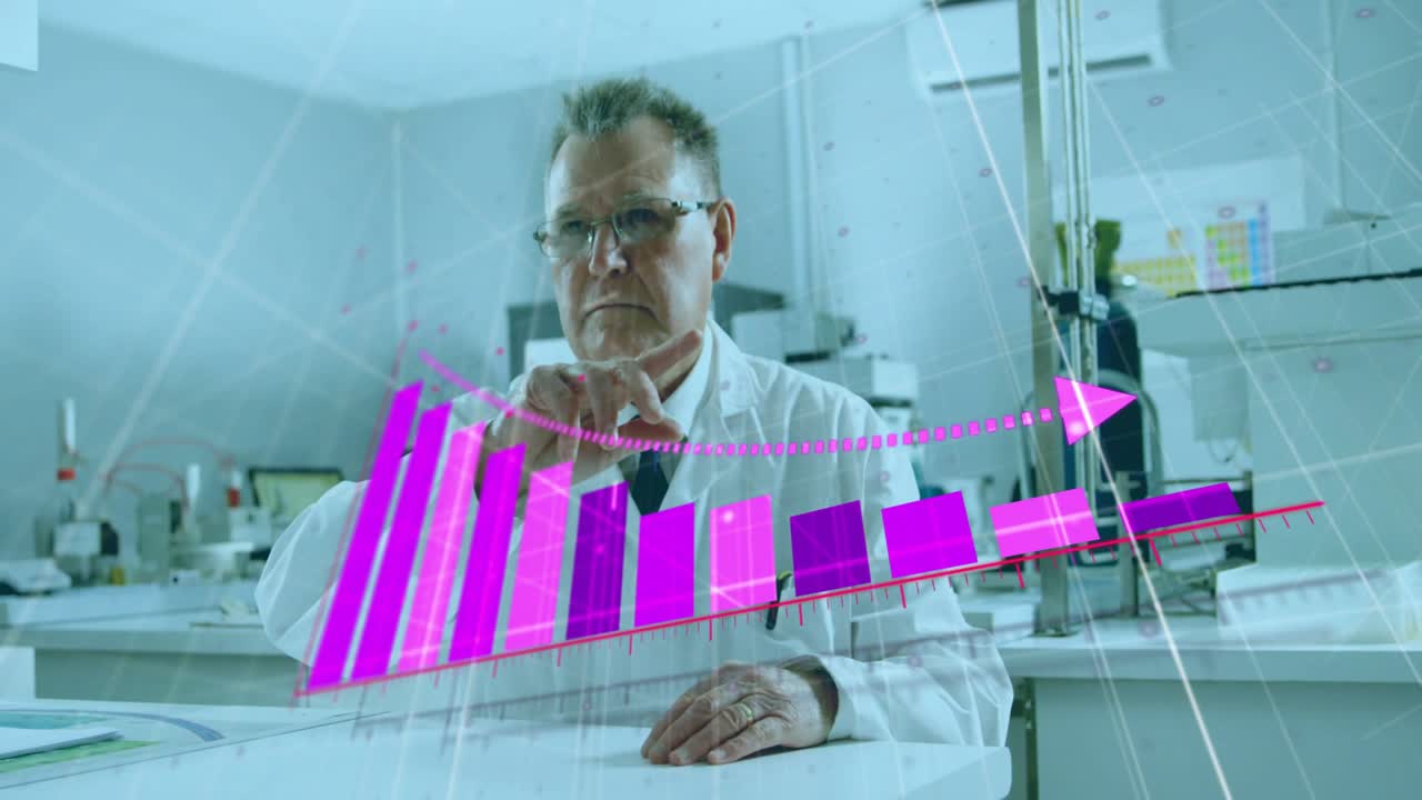 Senior male scientist raising right finger, guiding magenta bars rising, analyzing lab data trend