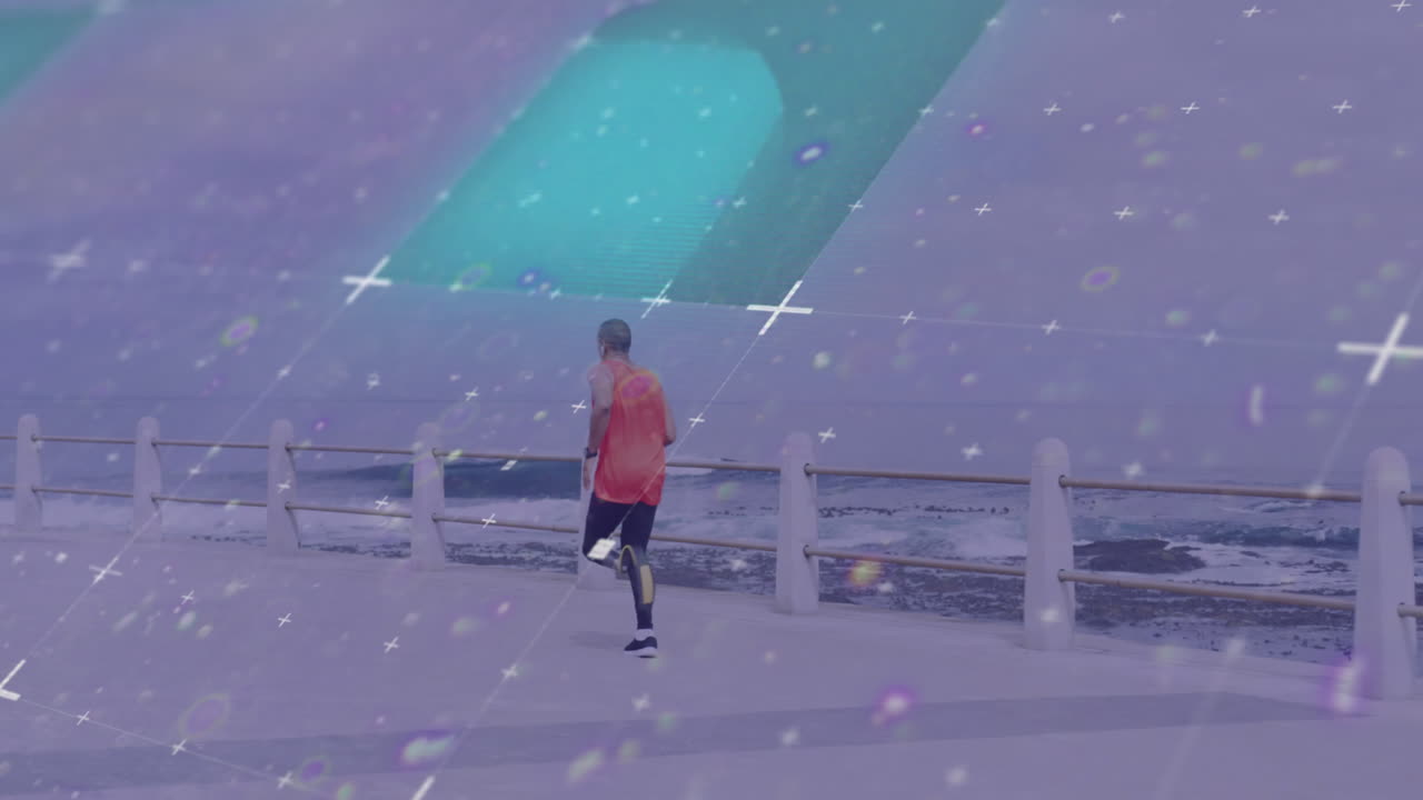 야외에서 러닝 블레이드 훈련을 하는 남성 운동 선수에 대한 그리드 및 데이터 처리 애니메이션