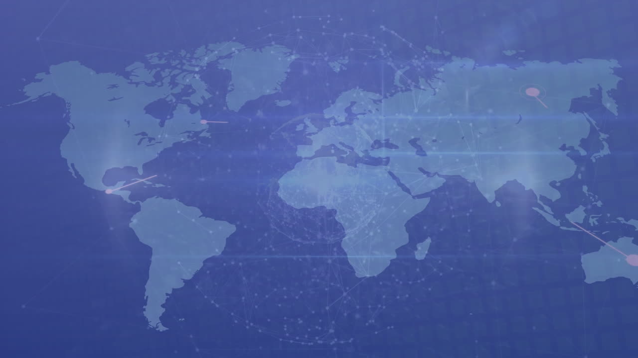 Animation of digital network connections glowing over world map continents