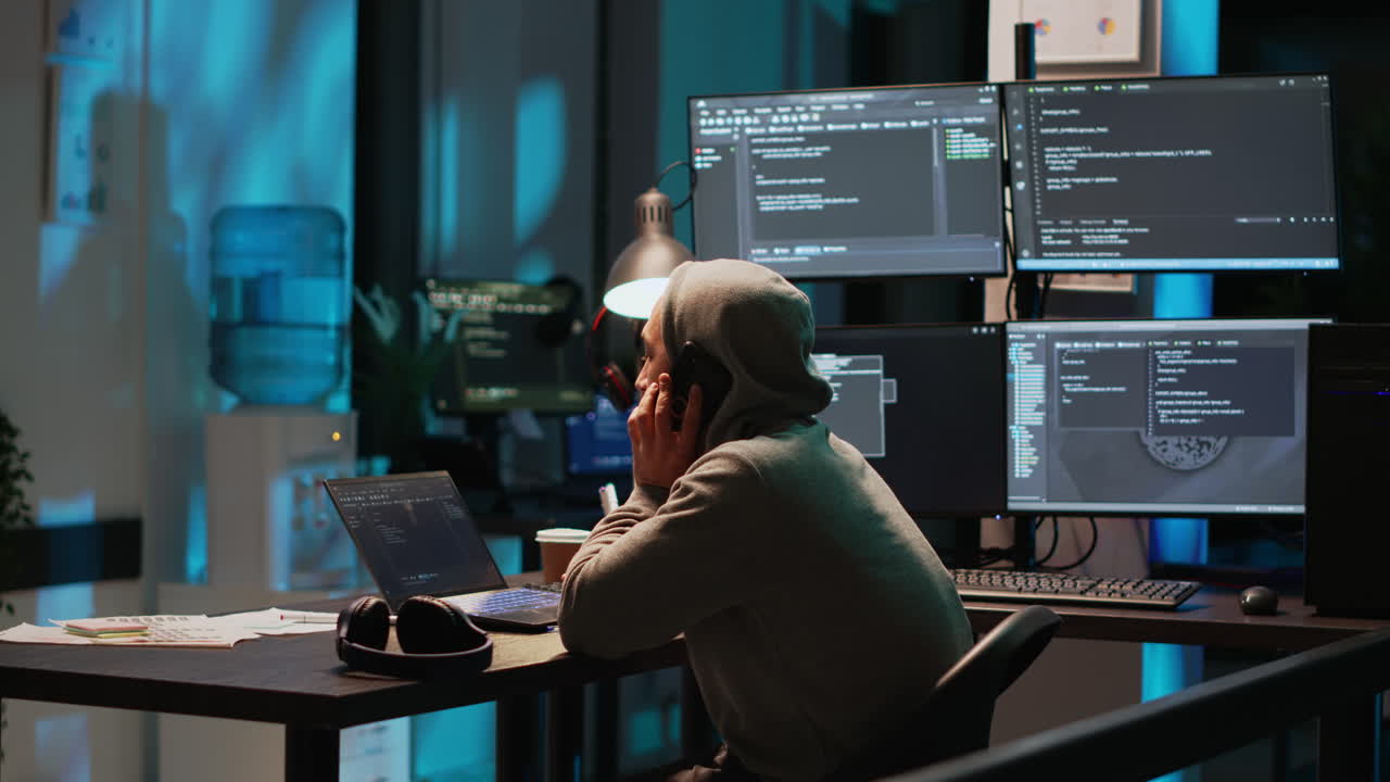 Hacker coding on computer in dark office