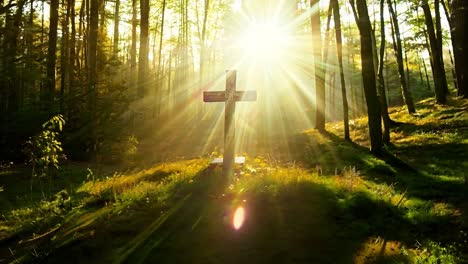 wooden cross in a forest at sunrise/sunset