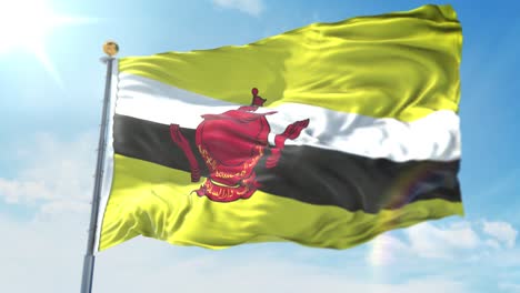 4k-3D-Darstellung-Der-Wehenden-Flagge-An-Einem-Mast-Des-Landes-Brunei