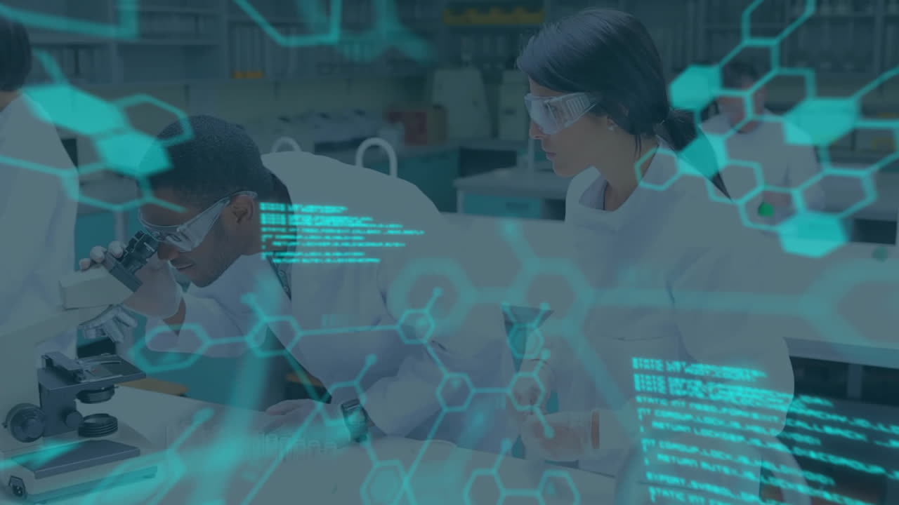 animación del procesamiento de datos científicos sobre diversos científicos en el laboratorio