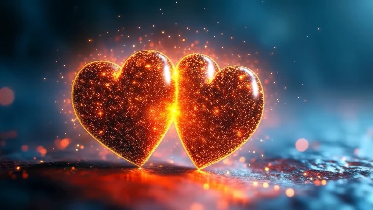 Two hearts radiate warmth. Two glowing hearts unite in passion, creating a magical vibe against a dark backdrop.