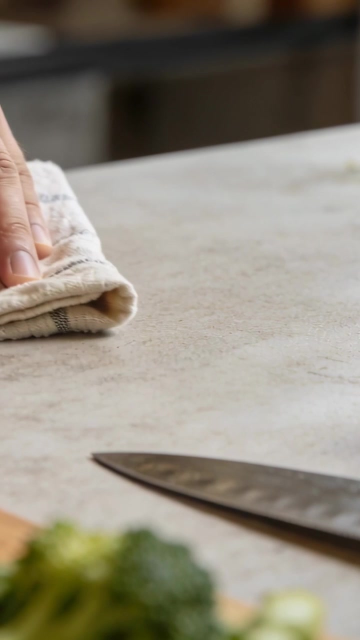 Vertical video: Placing folded cloth on stone counter, right hand wiping to clean near chef's knife
