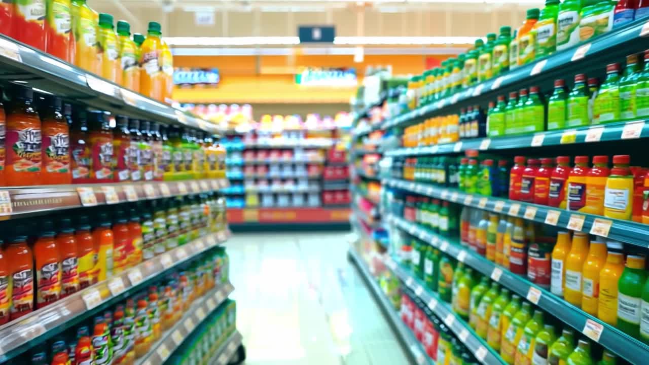Supermarket aisle with shelves of various products