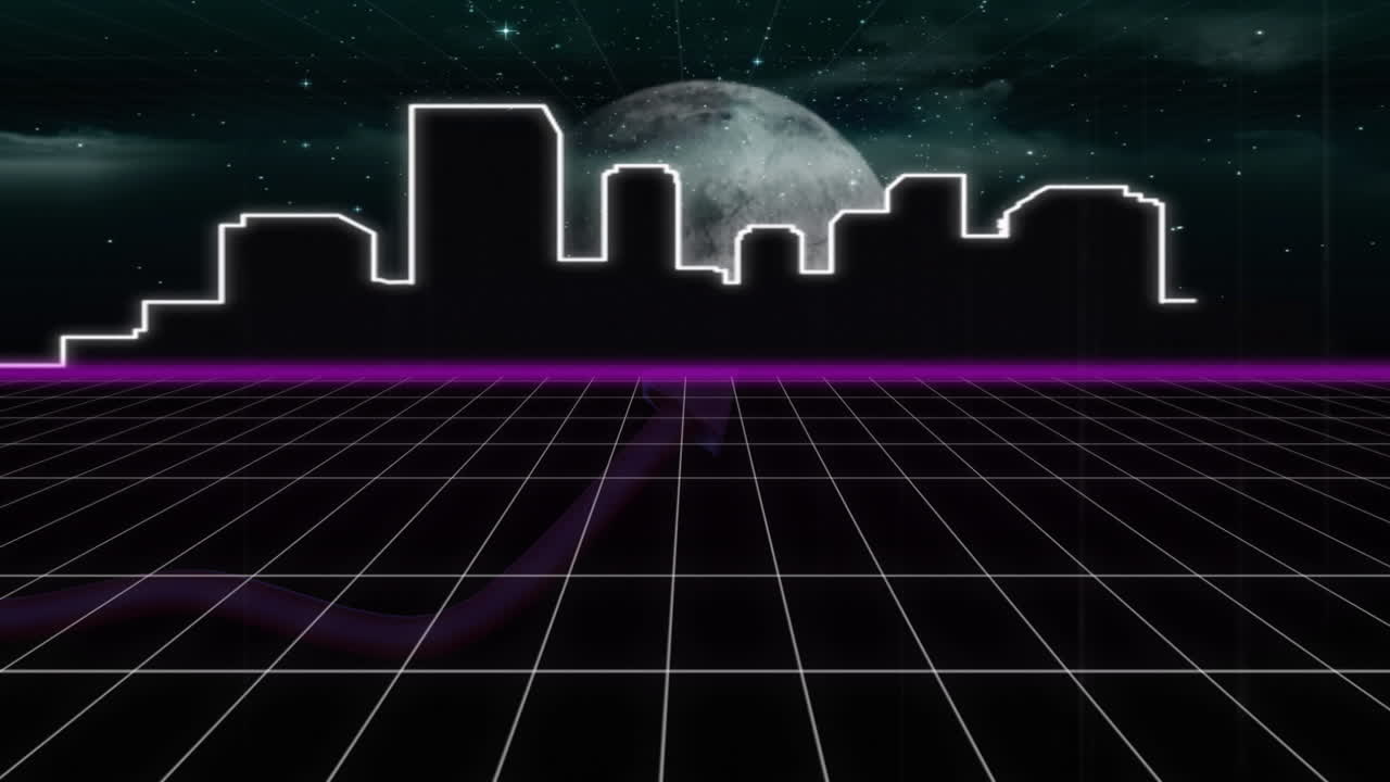 Animation of digital city over shapes and stars