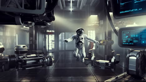 an astronaut floats in a futuristic spaceship interior