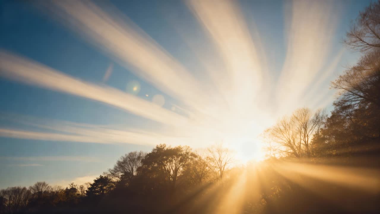 Sol baixo e brilhante enviando raios crepusculares sobre a linha das árvores do parque, produzindo um brilho enquanto o sol nasce.