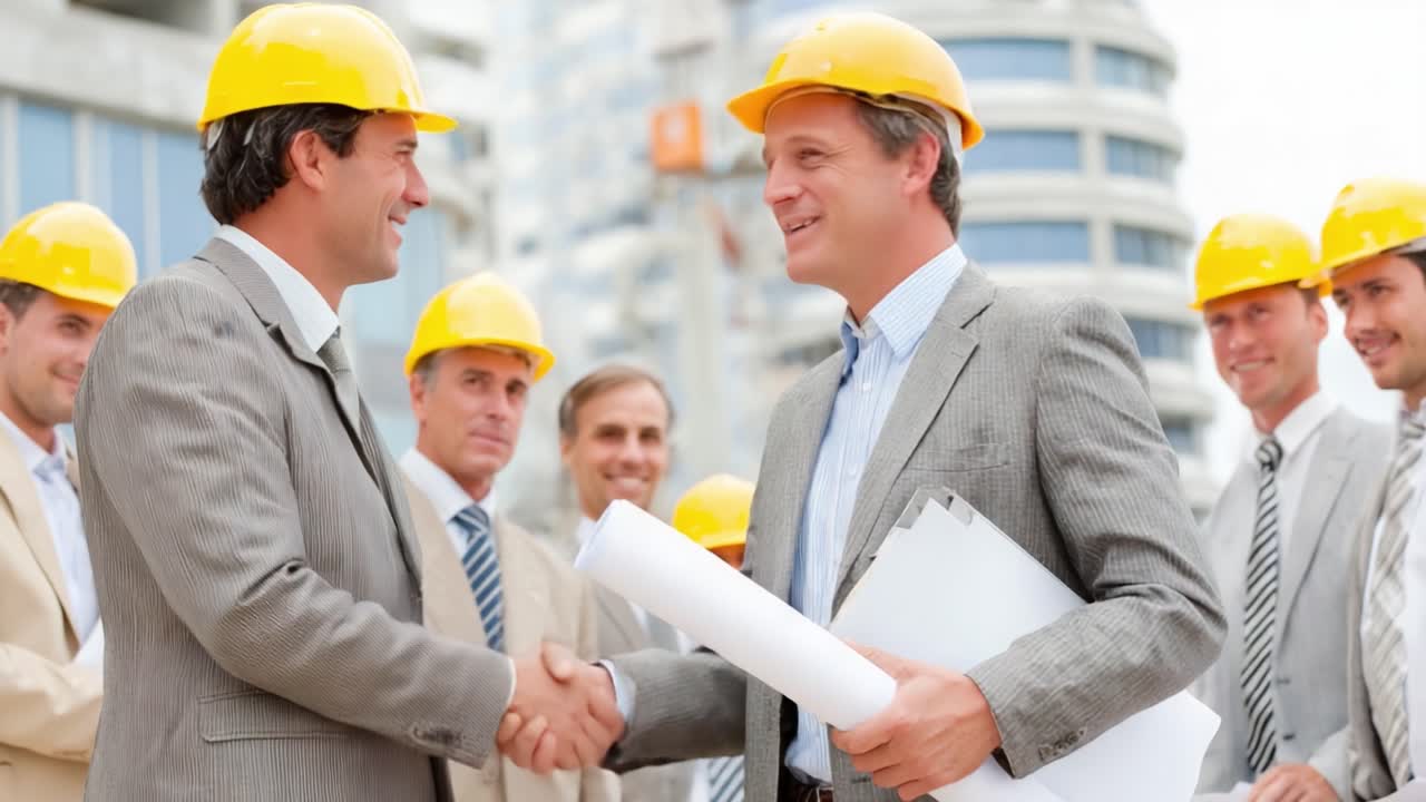 Two Construction Managers Shake Hands at a Successful Project Completion Ceremony, Surrounded by Their Team Members in Hard Hats, Celebrating Collaboration and Achievement