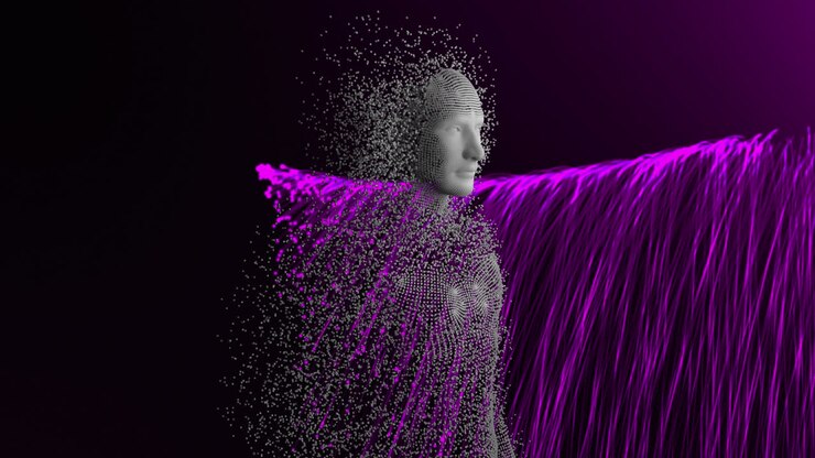 Composition of exploding human bust formed with particles over glowing blue mesh
