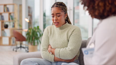 stomach cramps, woman and doctor consultation