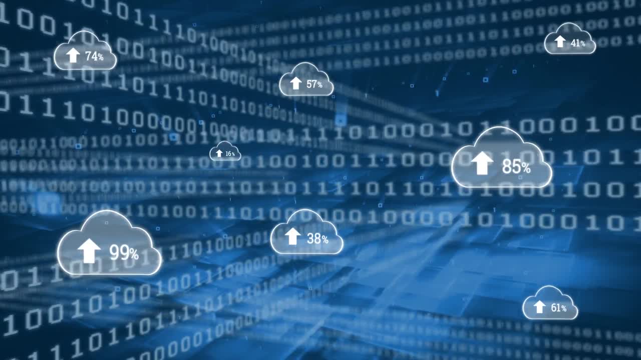 Animation of cloud icons and data processing over dark background