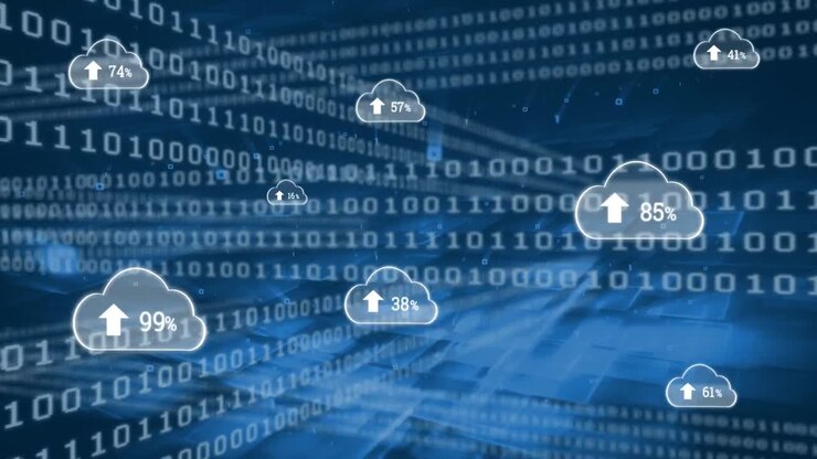 Animation of cloud icons and data processing over dark background