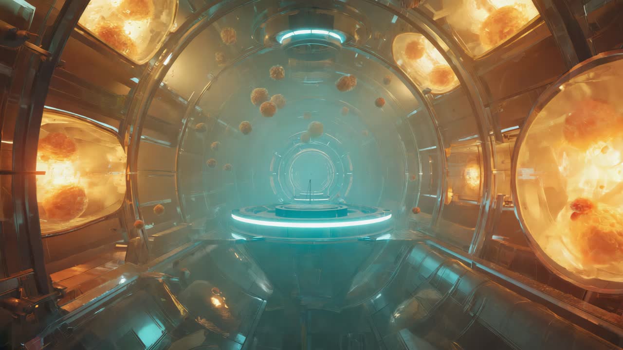 Camera di bioingegneria futuristica con organismi luminosi