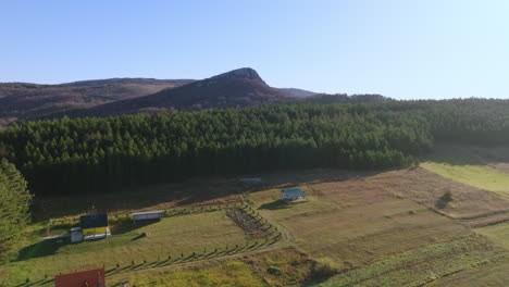 Aerial views of a mountainous landscape with forests and fields in autumn