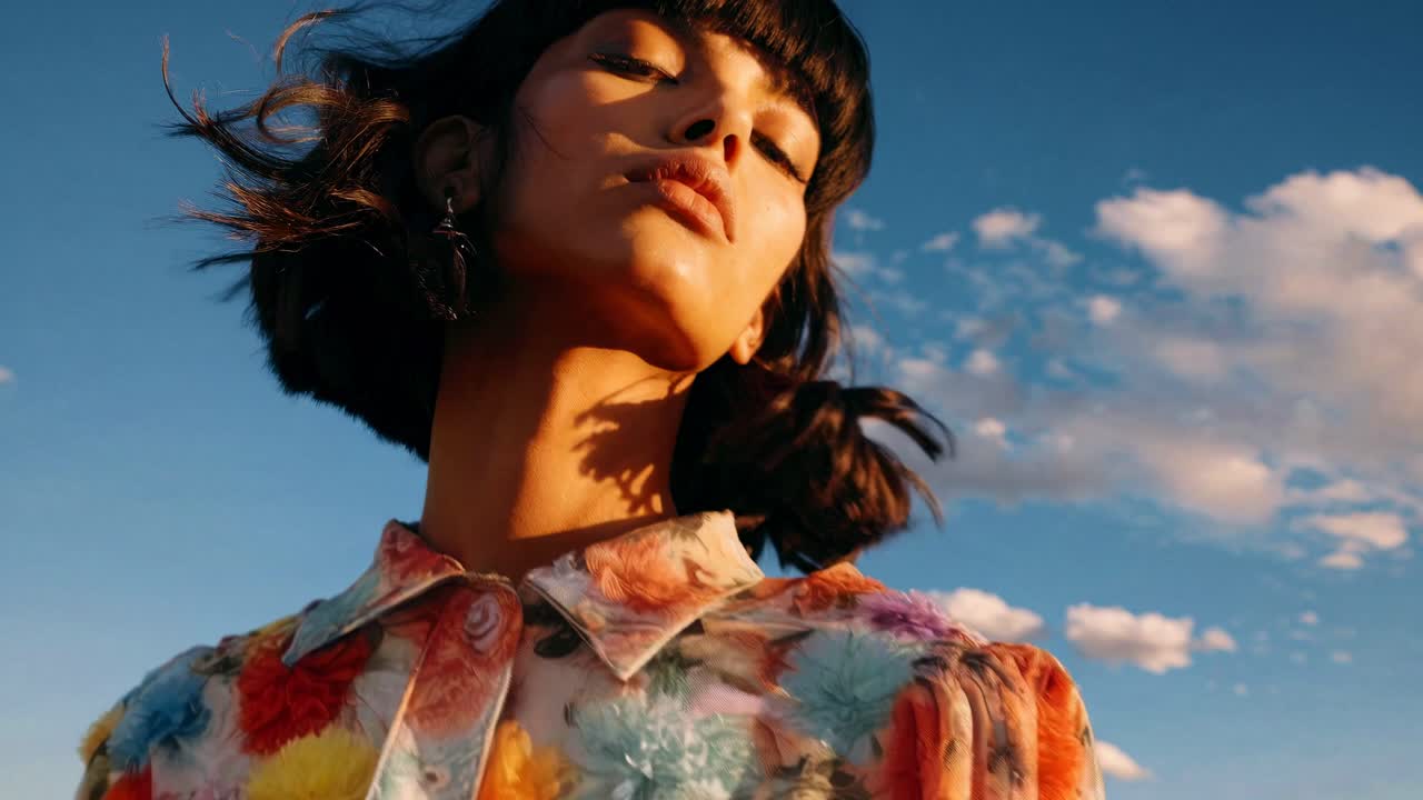 Close-up video shot of a woman with eyes closed against a blue sky