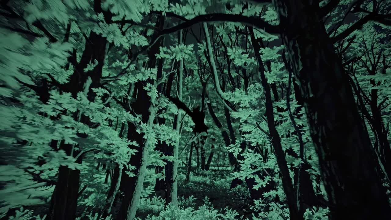 Aerial view of a dense forest with a surreal, green tint