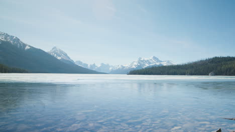 beautiful nature scene, frozen lake maligne on a sunny day - left pan panoramic