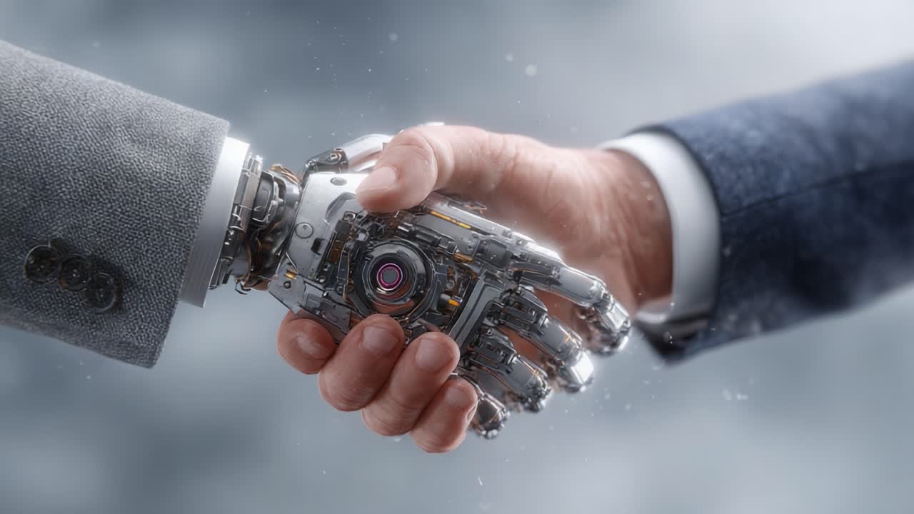 A Pioneering Moment: The Intersection of Humanity and Technology as Represented by a Synthetic Hand Shaking with a Human Hand in a Visionary Display of Collaboration