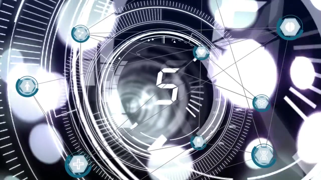 Animation of network of connections over scope scanning and hexagonal tunnel on black background