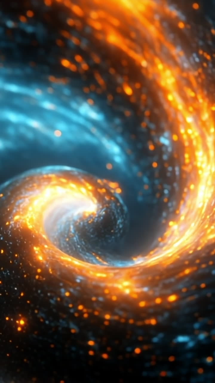 Cosmic swirl of blue and orange lights. Vibrant colors swirl together in a cosmic scene, depicting a galaxy filled with glowing stars and swirling gas.