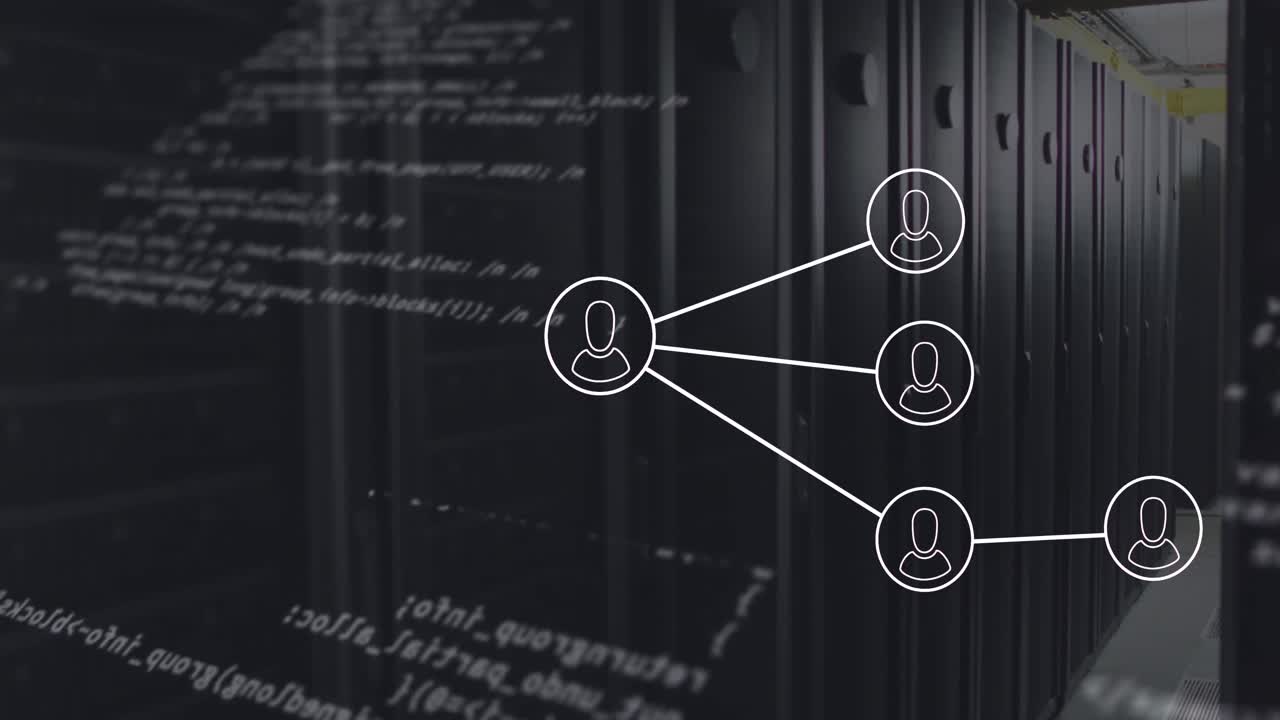 Animation of network of profile icons and data processing against computer server room