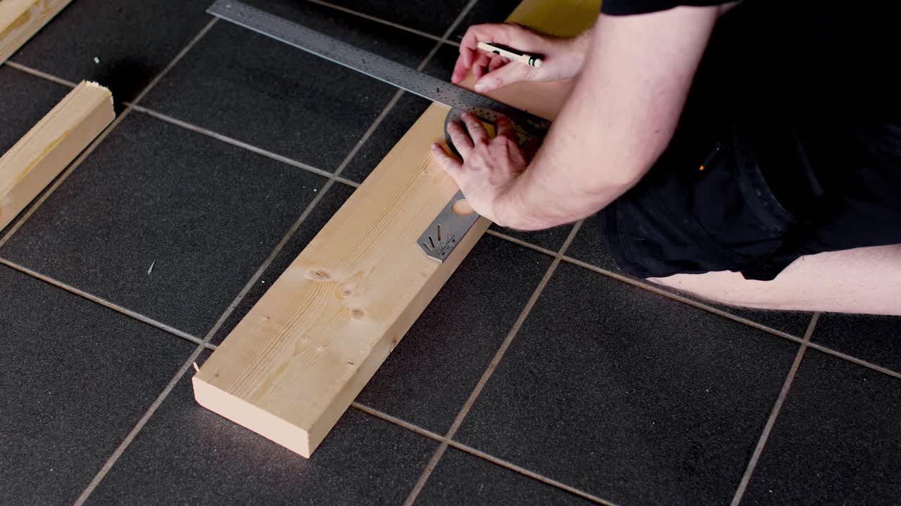 Marking a Cut Line with a Straight Edge and control Measuring with a Tape Measure before Cutting in 4K.
