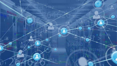 animation of network of connections with digital icons and numbers over computer servers