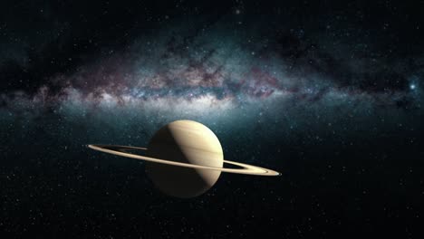 Acercándose-Al-Planeta-Gigante-Gaseoso-De-Saturno-Con-El-Telón-De-Fondo-De-La-Vía-Láctea