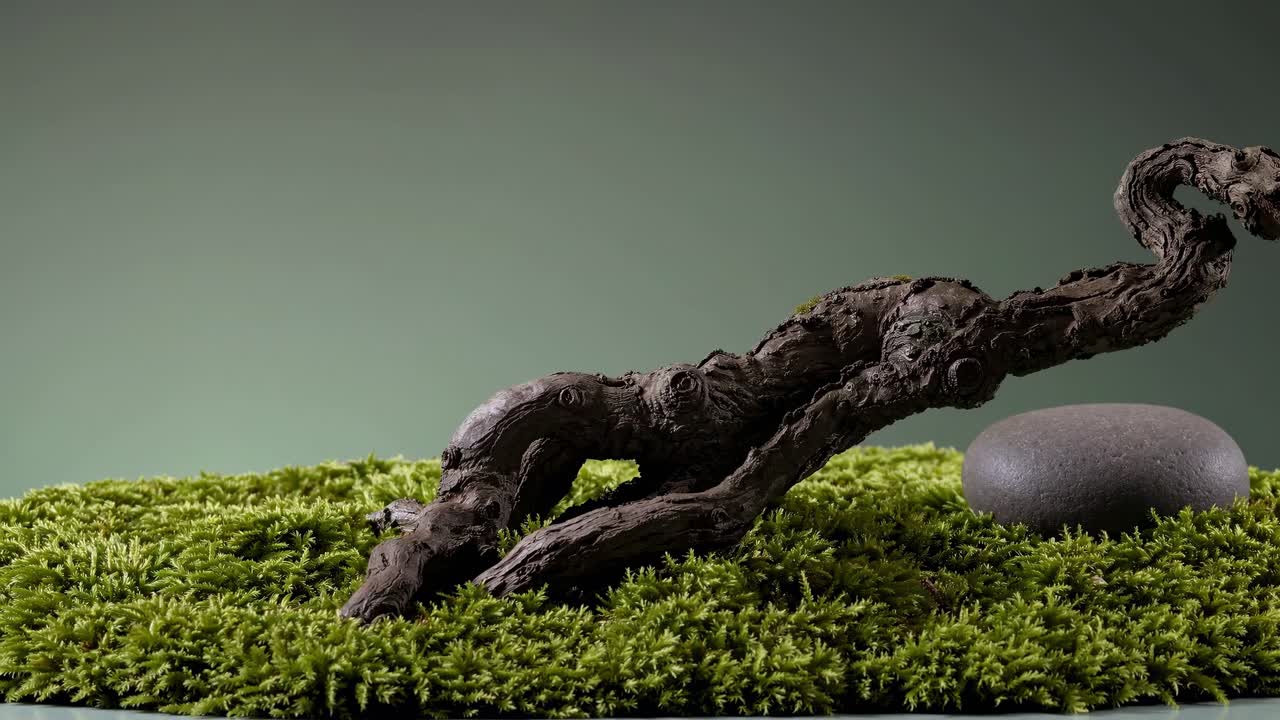 Miniature gnarled bonsai tree trunk resting on a bed of vibrant green moss with a smooth zen stone, creating a tranquil and meditative scene against a soft green backdrop