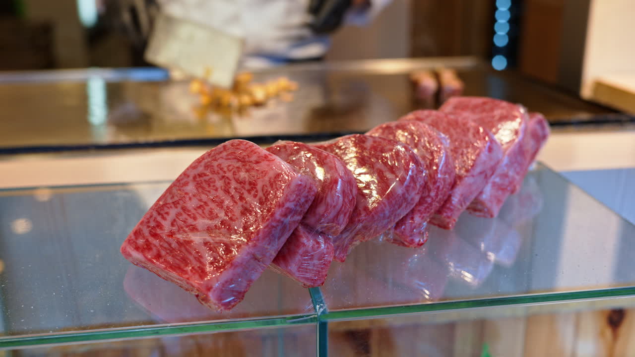 Close up of multiple pieces of Wagyu beef at the Tsukiji Fish Market in Japan