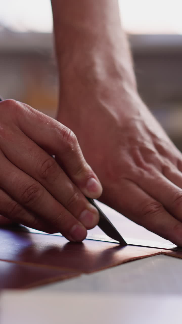 Leathersmith cuts material with special sharp knife at workplace in craft studio closeup. Tailor prepares leather product details. Tradition of manual work