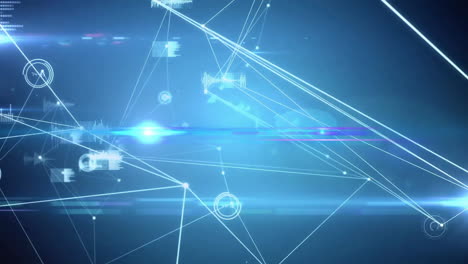 digital data and network connections animation over blue background with light burst