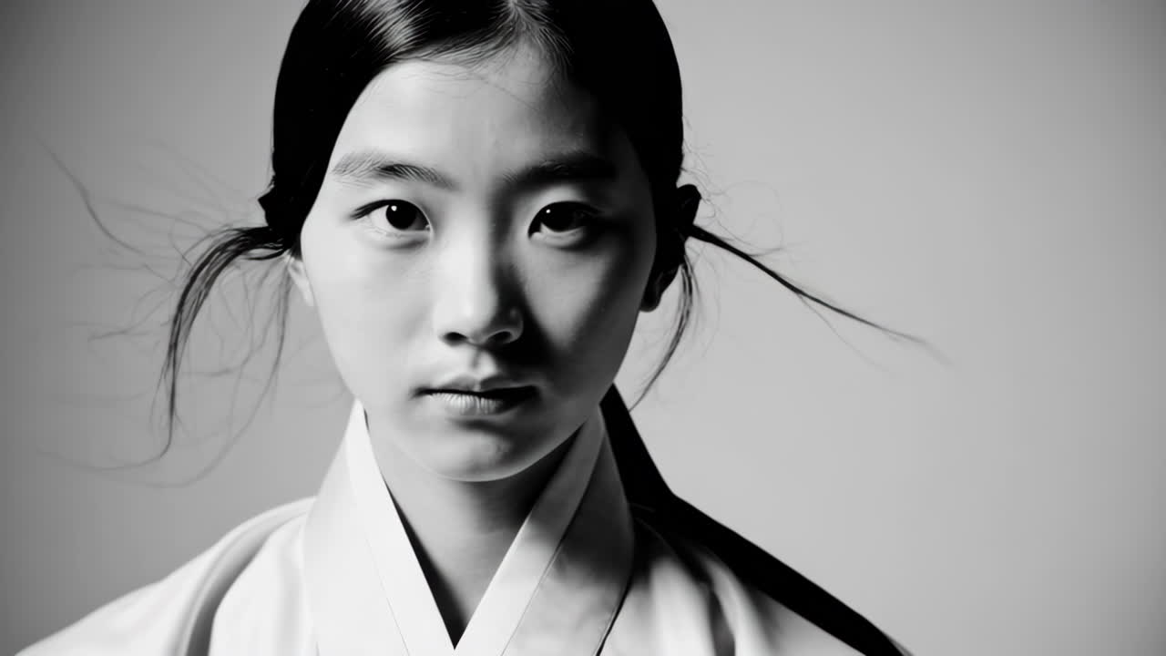 Black and White Portrait of a Woman in Traditional Korean Clothing