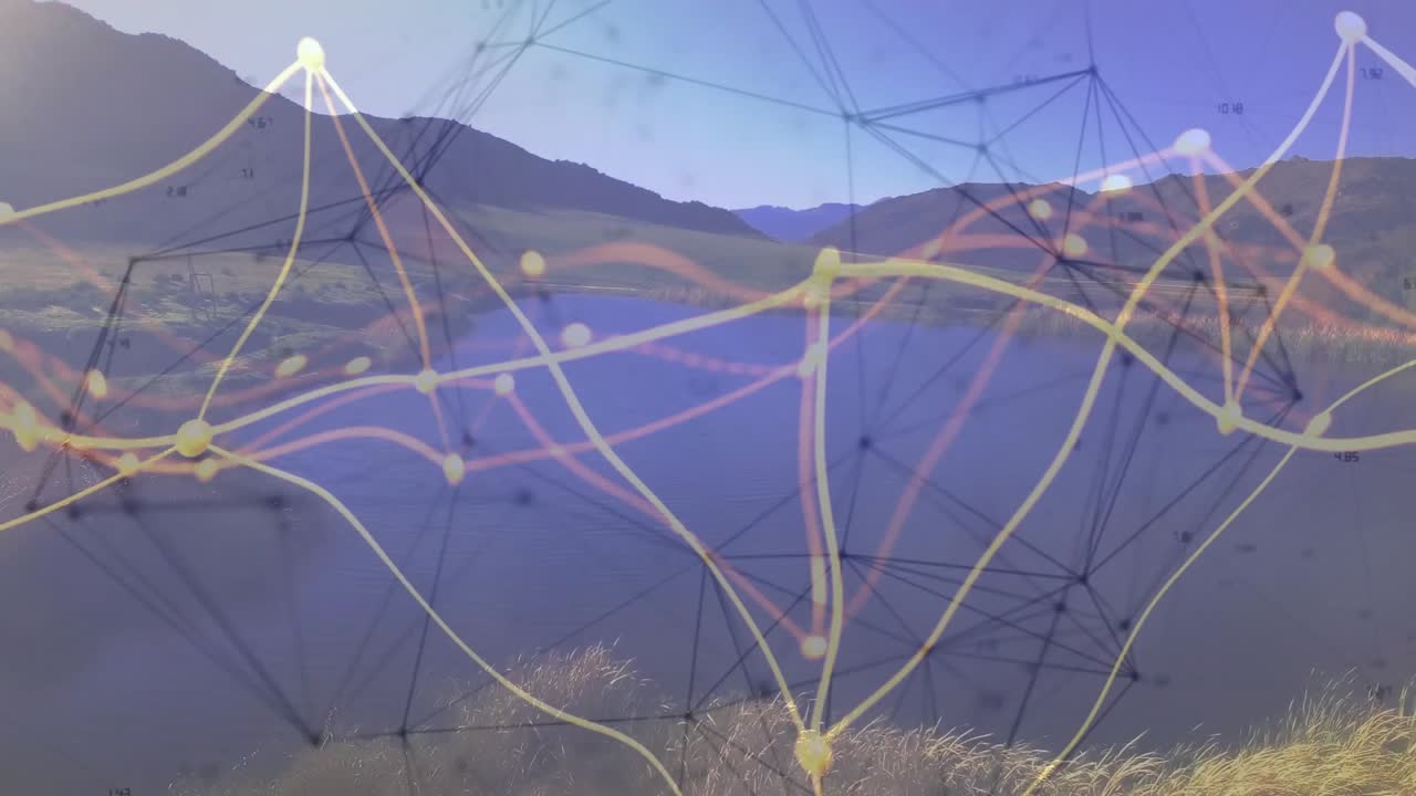 Network overlay fading in at dawn valley starting nodes brightening and lines mapping hill contours