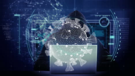 animation of a computer displaying macro coronavirus covid-19 cell over a hacker hooded man