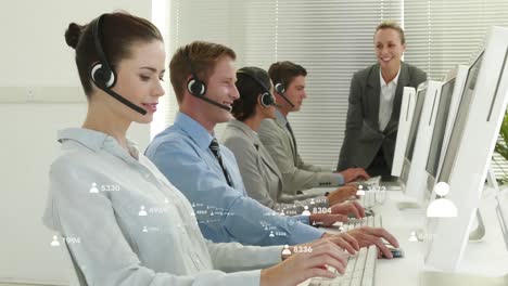 Animation-of-numbers-changing-over-business-people-wearing-phone-headsets