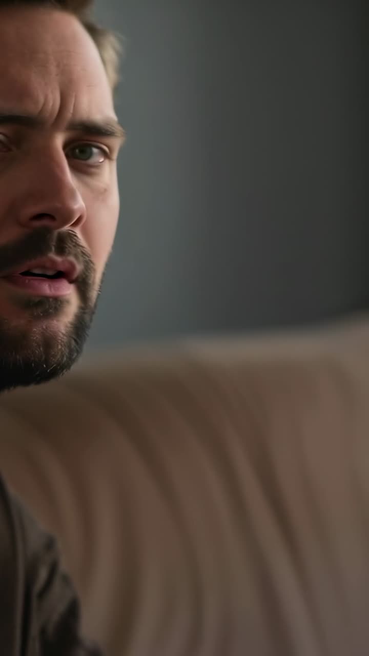 Vídeo vertical: Homem barbudo virando-se e semicerrando os olhos no sofá, de suéter, em casa, ao ouvir uma voz fora do quadro.