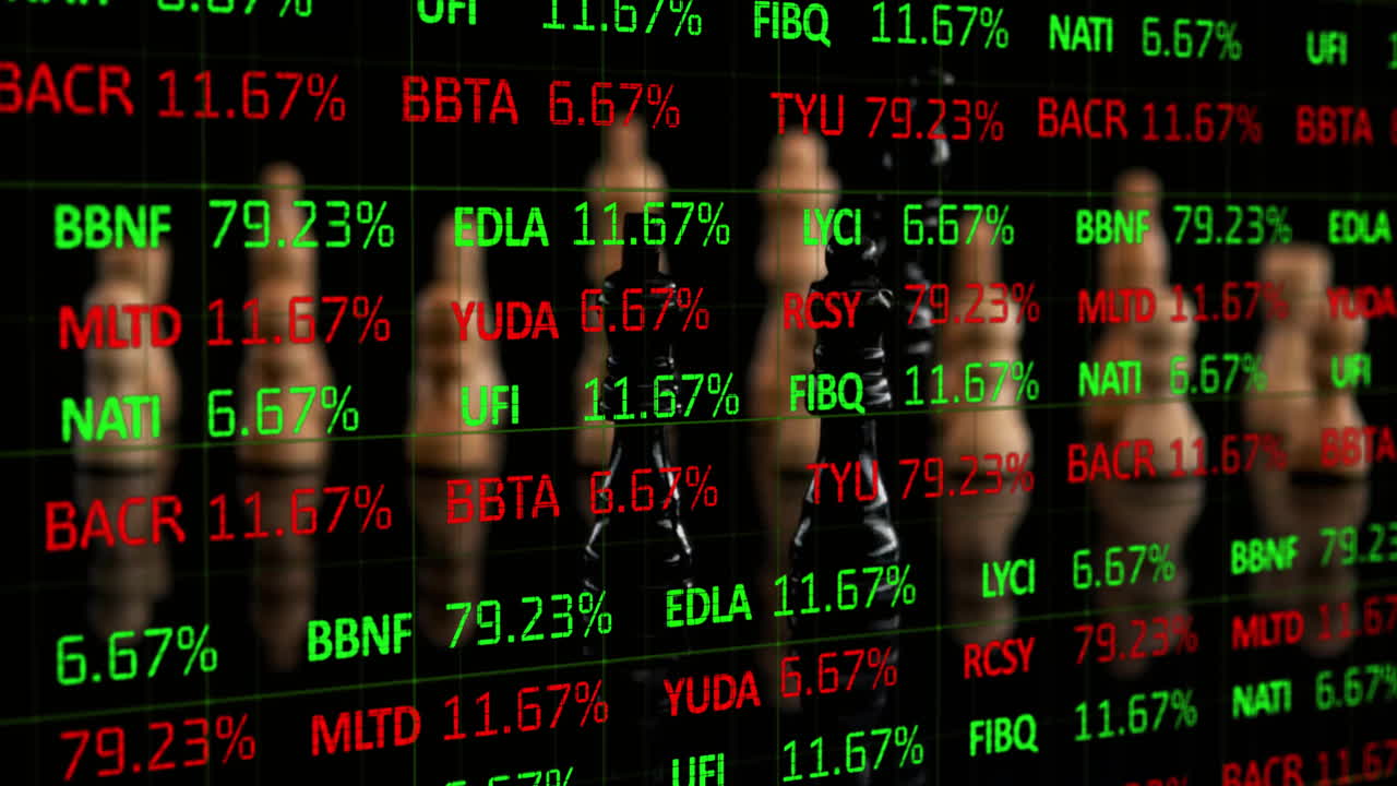 Animazione di dati del mercato azionario su sfondo di diverse persone d'affari in ufficio