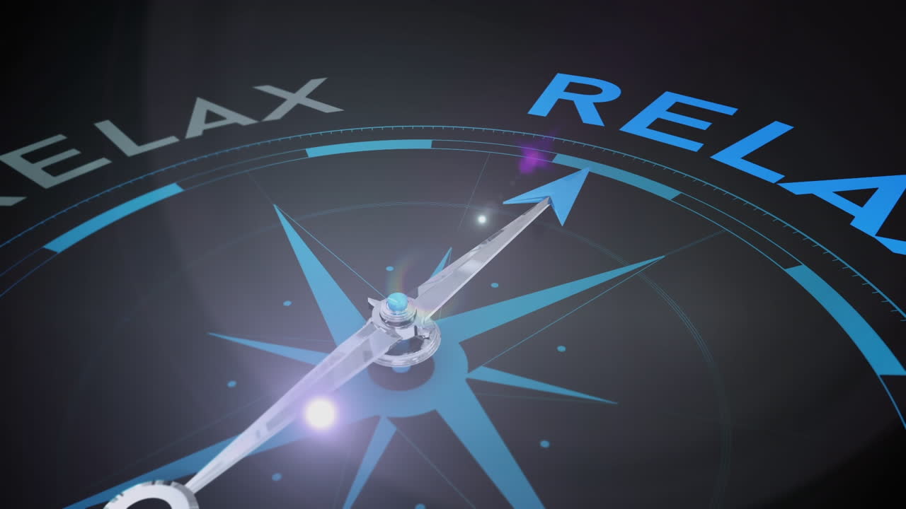 animación de la brújula con textos de relajación sobre puntos de luz