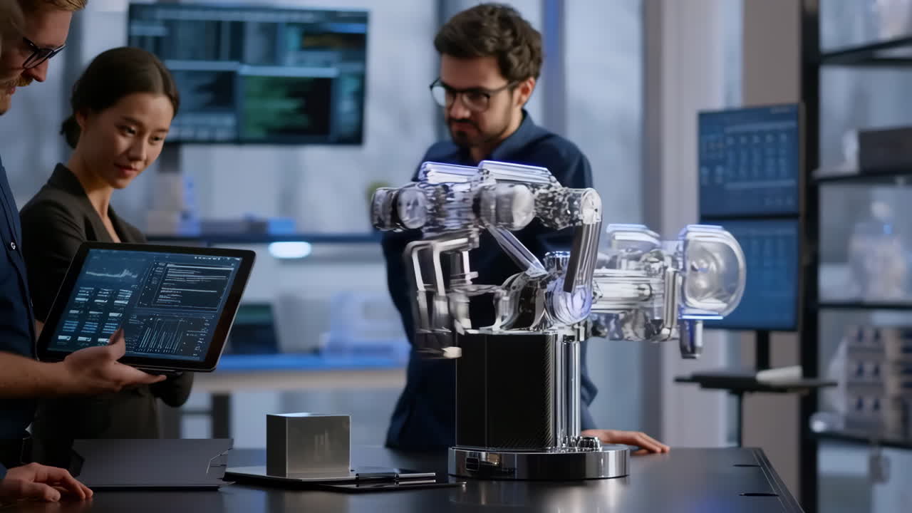 Engineers Collaborating on Robotic Arm Project with Tablet Interface