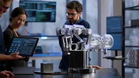 engineers collaborating on robotic arm project with tablet interface