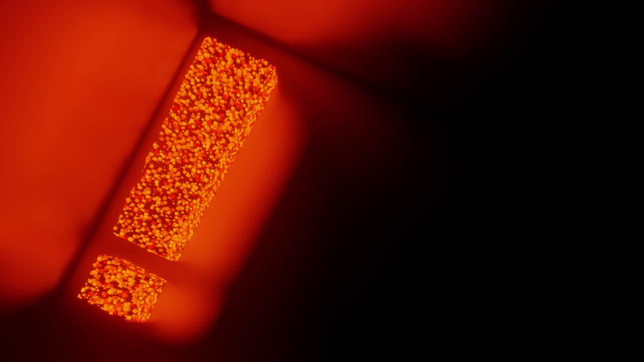 signo de exclamación y símbolo brillo partícula futurista 3d renderización patrón de polígono cúbico, advertencia de hacker tecnología diseño conceptual en fondo negro animación 4k con espacio de copia
