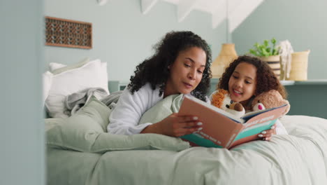madre e hija leyendo un libro en una cama