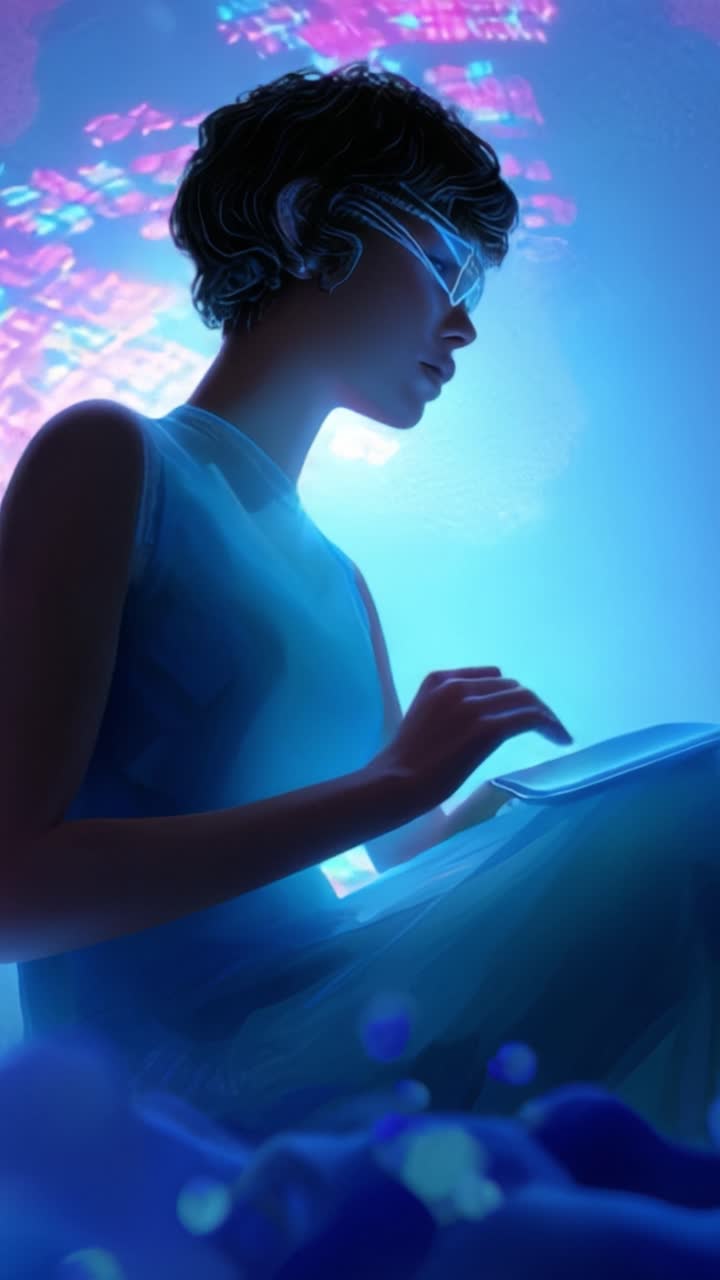 Una donna futuristica con occhiali cibernetici fissa intensamente la sua interfaccia digitale, circondata da vibranti dati olografici in un accattivante ambiente virtuale.