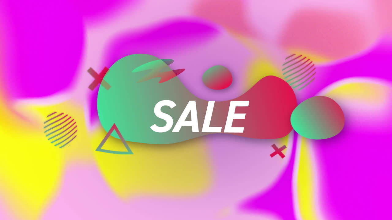 animación del texto de venta sobre formas coloridas sobre un fondo colorido